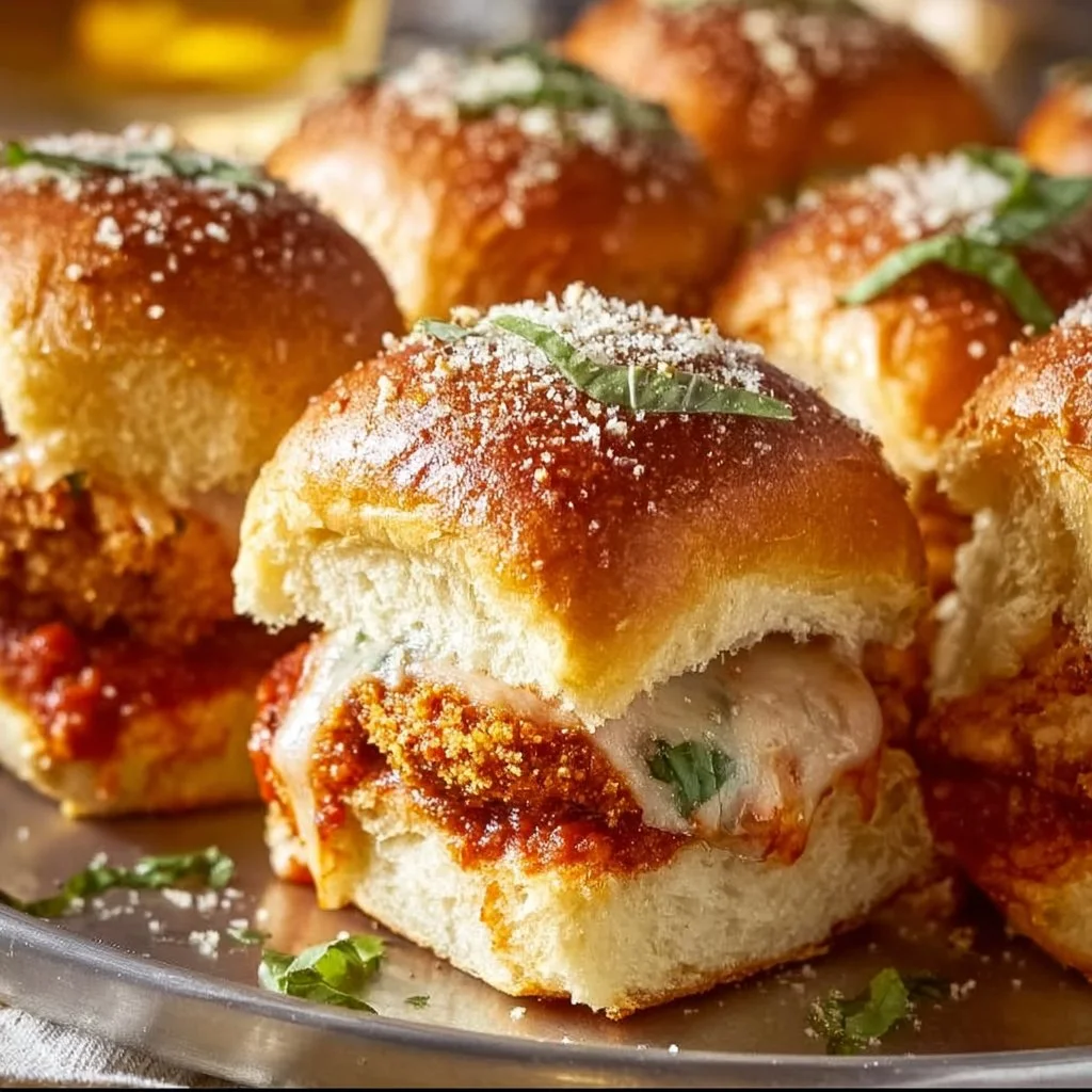 Delicious Chicken Parmesan Slider Bake with melted cheese and marinara sauce