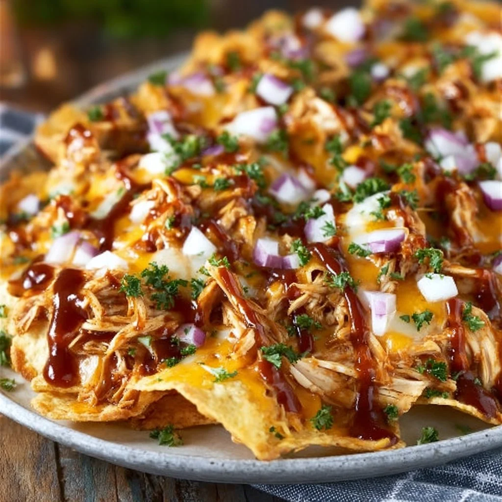 Delicious BBQ chicken nachos served on a platter with toppings