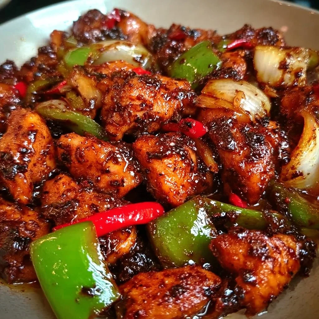 Delicious plate of easy black pepper chicken garnished with vegetables