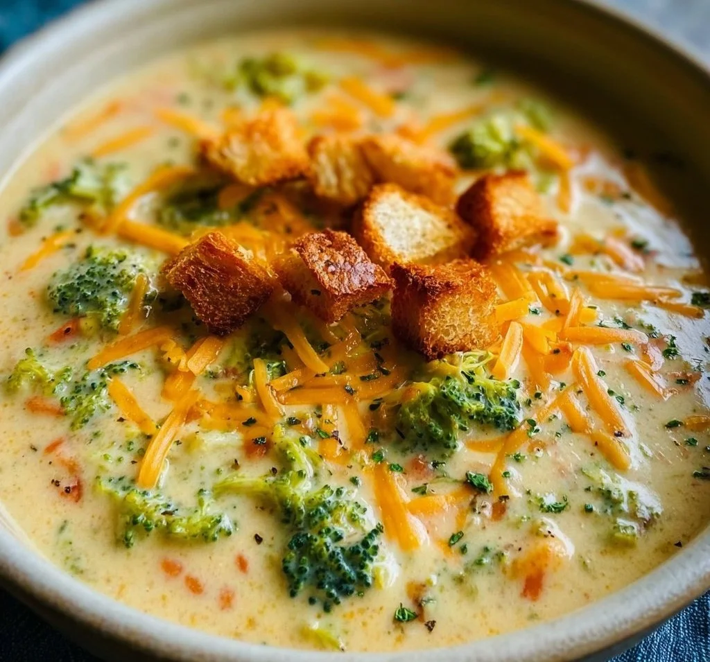Bowl of easy broccoli cheddar soup garnished with fresh herbs