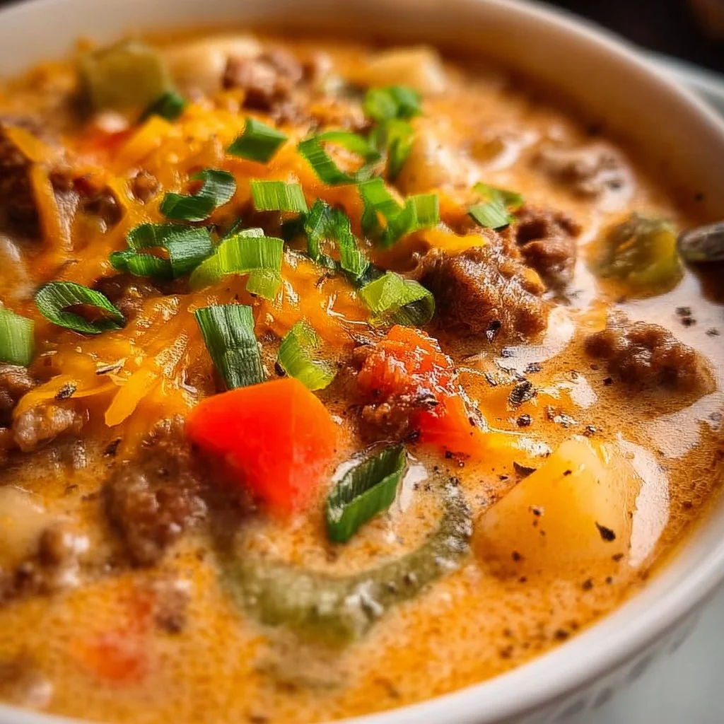 Bowl of Easy Cheesy Crockpot Cheeseburger Soup garnished with cheese and herbs