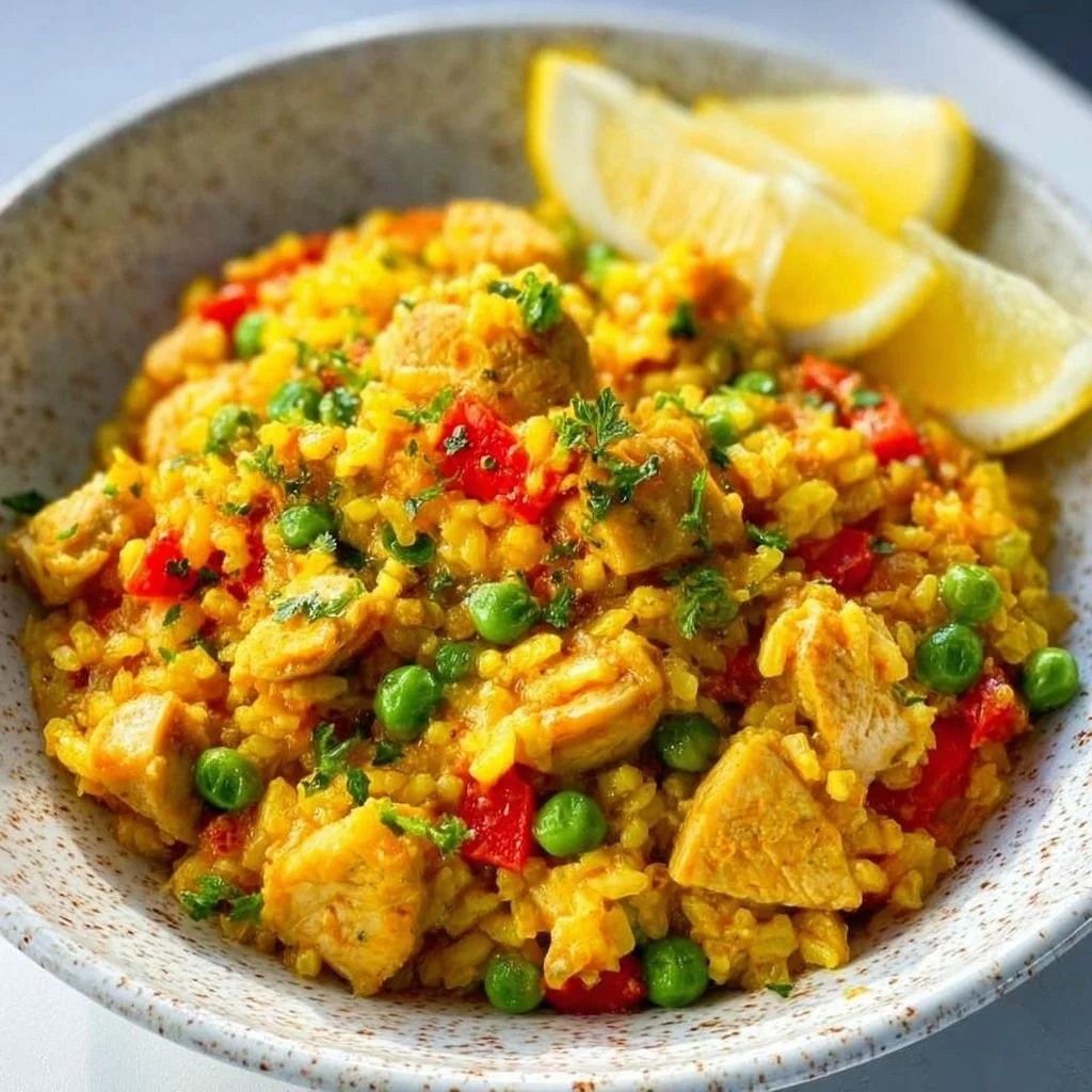 A flavorful serving of easy chicken paella with vibrant ingredients.