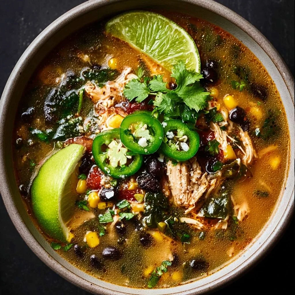 Delicious chicken soup with poblano peppers and black beans served in a bowl.