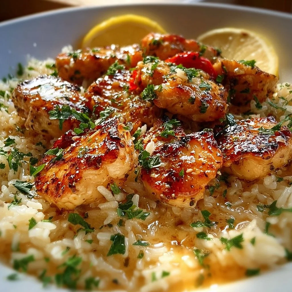 Easy chicken scampi served with garlic parmesan rice on a plate.
