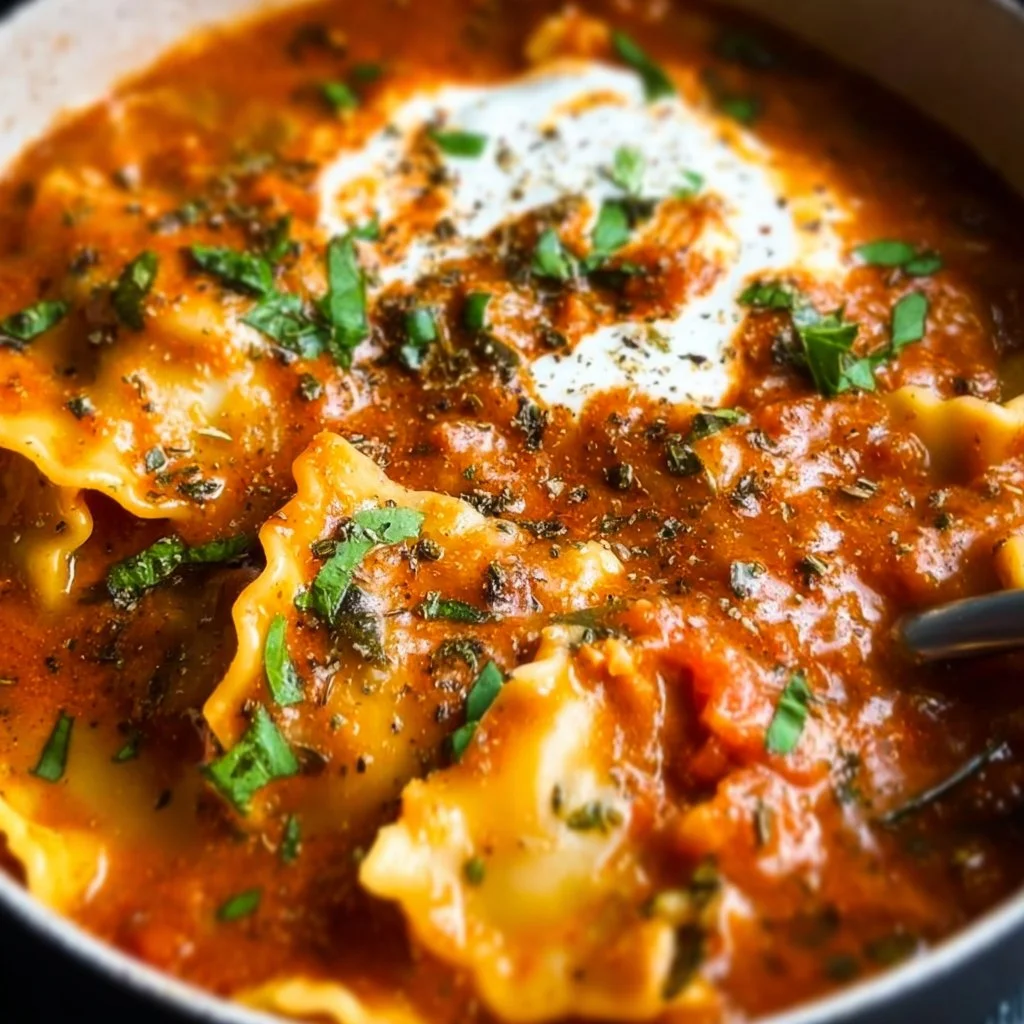 Bowl of creamy lasagna soup topped with cheese and herbs
