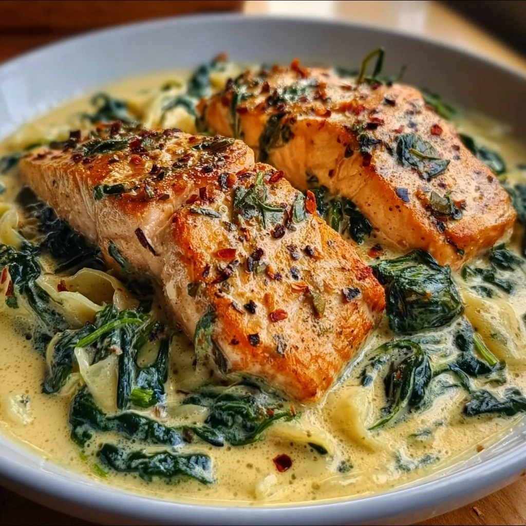 Creamy salmon florentine dish served with spinach and sauce.
