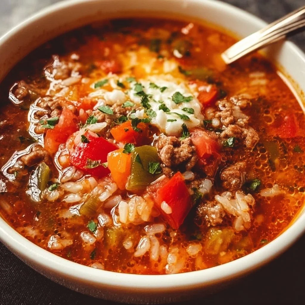 A bowl of easy crockpot stuffed pepper soup garnished with fresh herbs