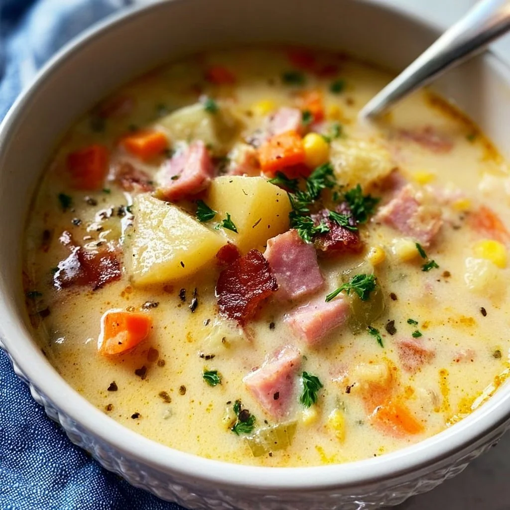 Bowl of easy ham and potato soup garnished with herbs