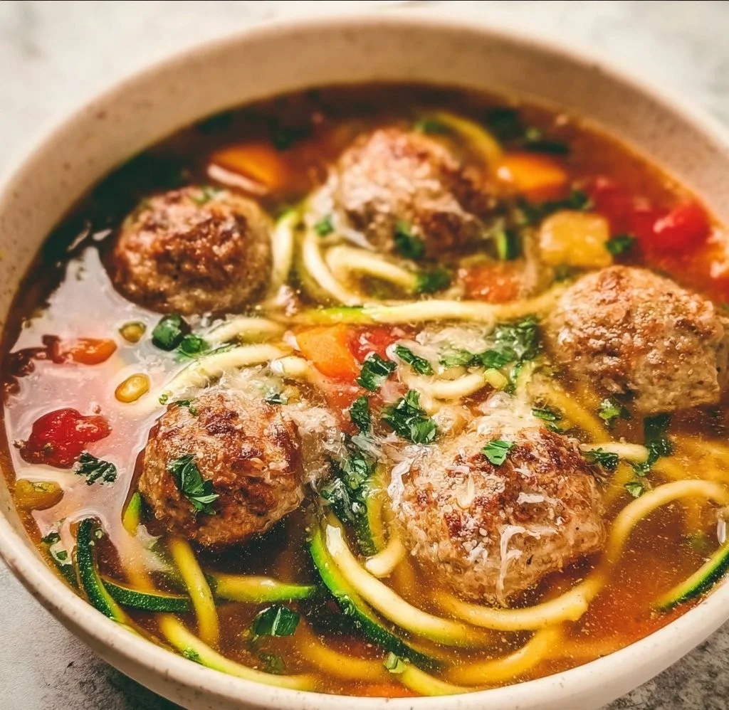 Bowl of Italian Meatball Soup with Zucchini Noodles garnished with herbs