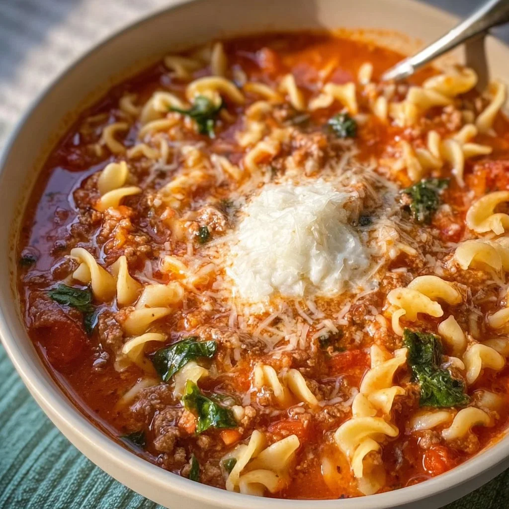 Bowl of easy lasagna soup garnished with fresh basil and cheese