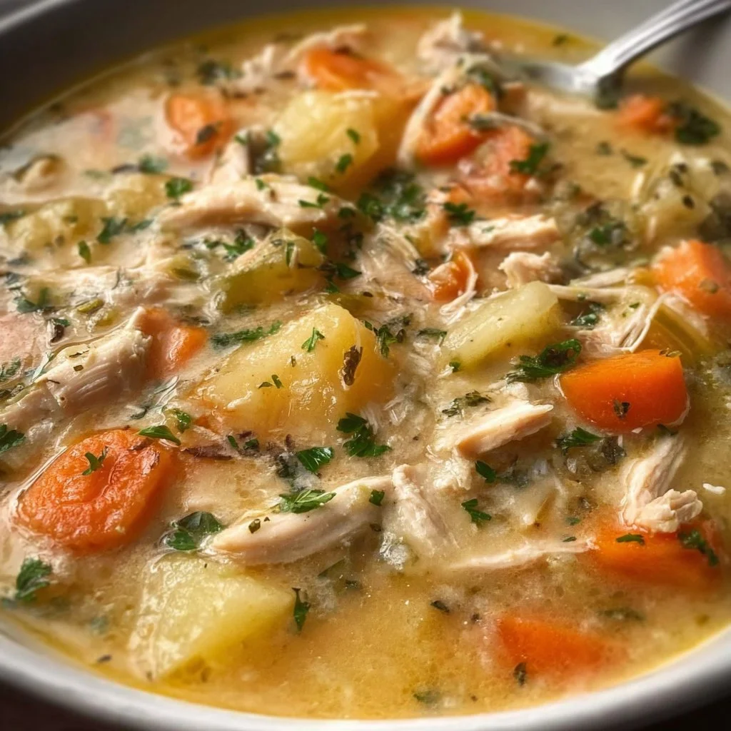 Bowl of easy leftover turkey soup with vegetables