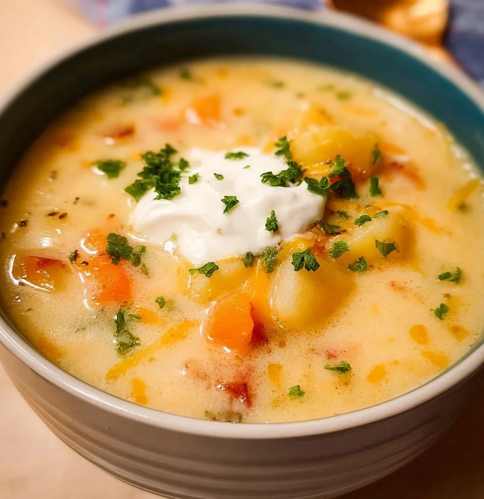 Bowl of creamy easy potato soup topped with fresh herbs