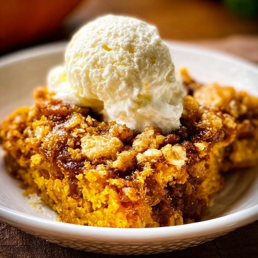 Delicious easy pumpkin dump cake topped with whipped cream on a plate.