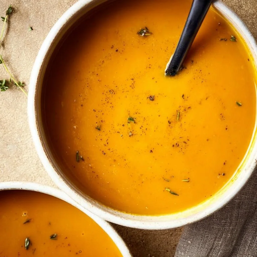 Bowl of easy pumpkin soup garnished with herbs