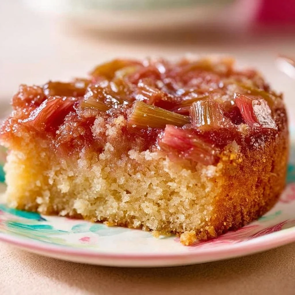 Slice of easy rhubarb upside down cake served on a plate
