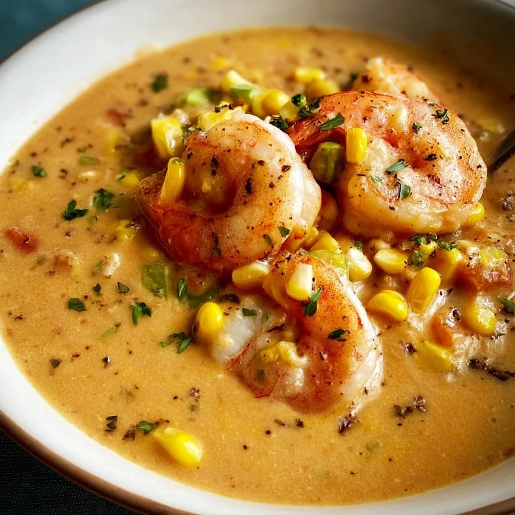 Bowl of easy shrimp chowder with corn and herbs, dairy-free recipe