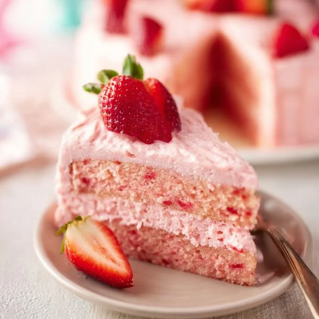 Delicious slice of easy strawberry cake with fresh strawberries on top.