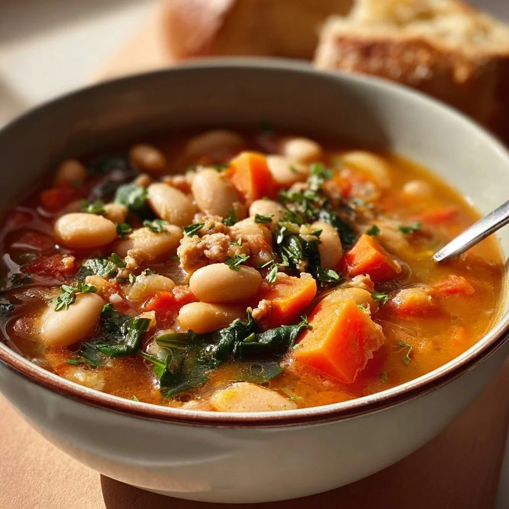 Bowl of easy white bean soup garnished with fresh herbs