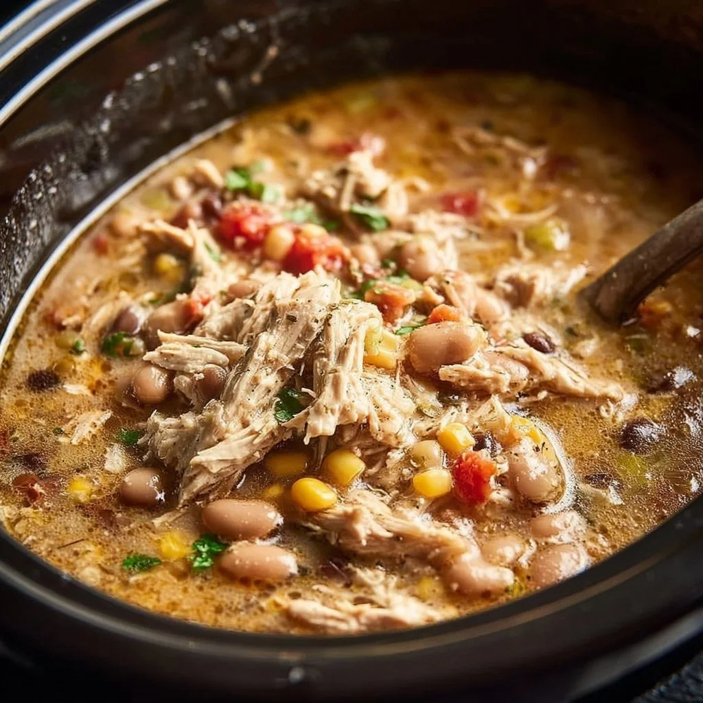 Bowl of creamy white chicken chili made in a crockpot with fresh toppings
