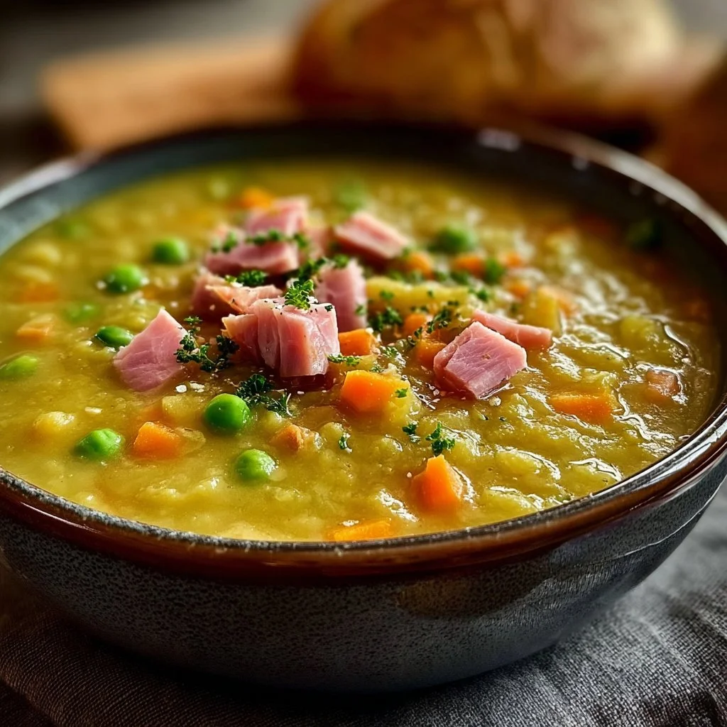 Bowl of slow cooker split pea soup with ham garnished with fresh herbs