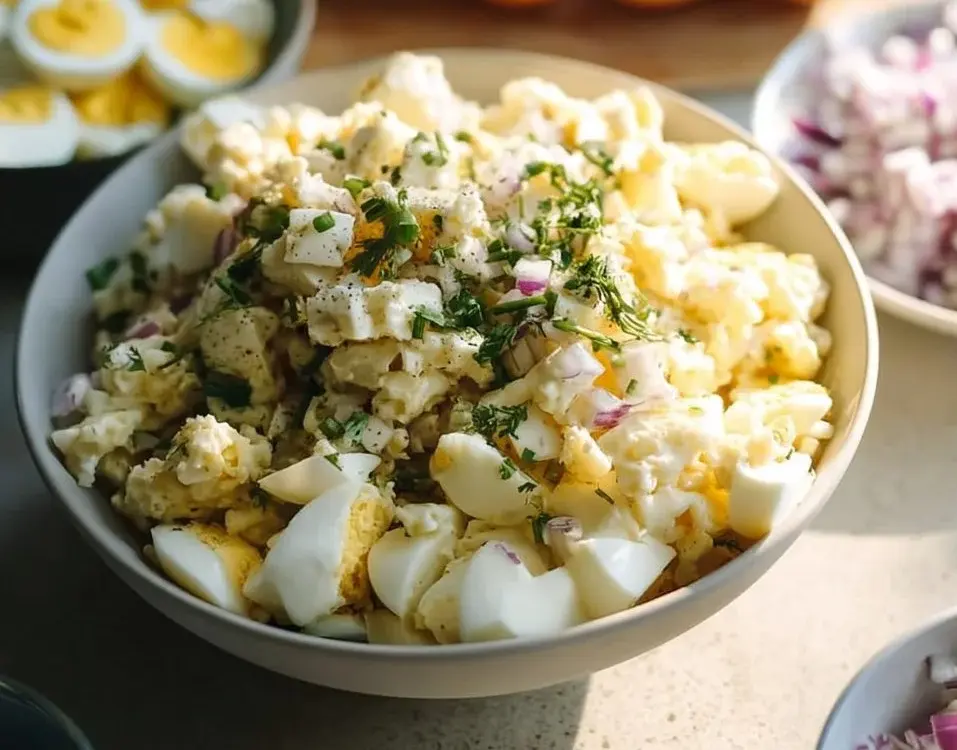 Delicious homemade egg salad on a plate with fresh herbs