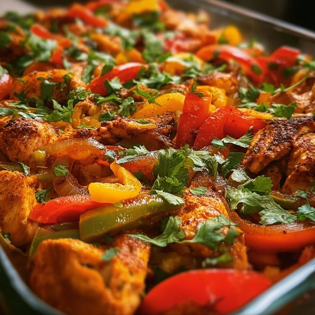 Fajita Chicken Casserole topped with cheese and colorful bell peppers
