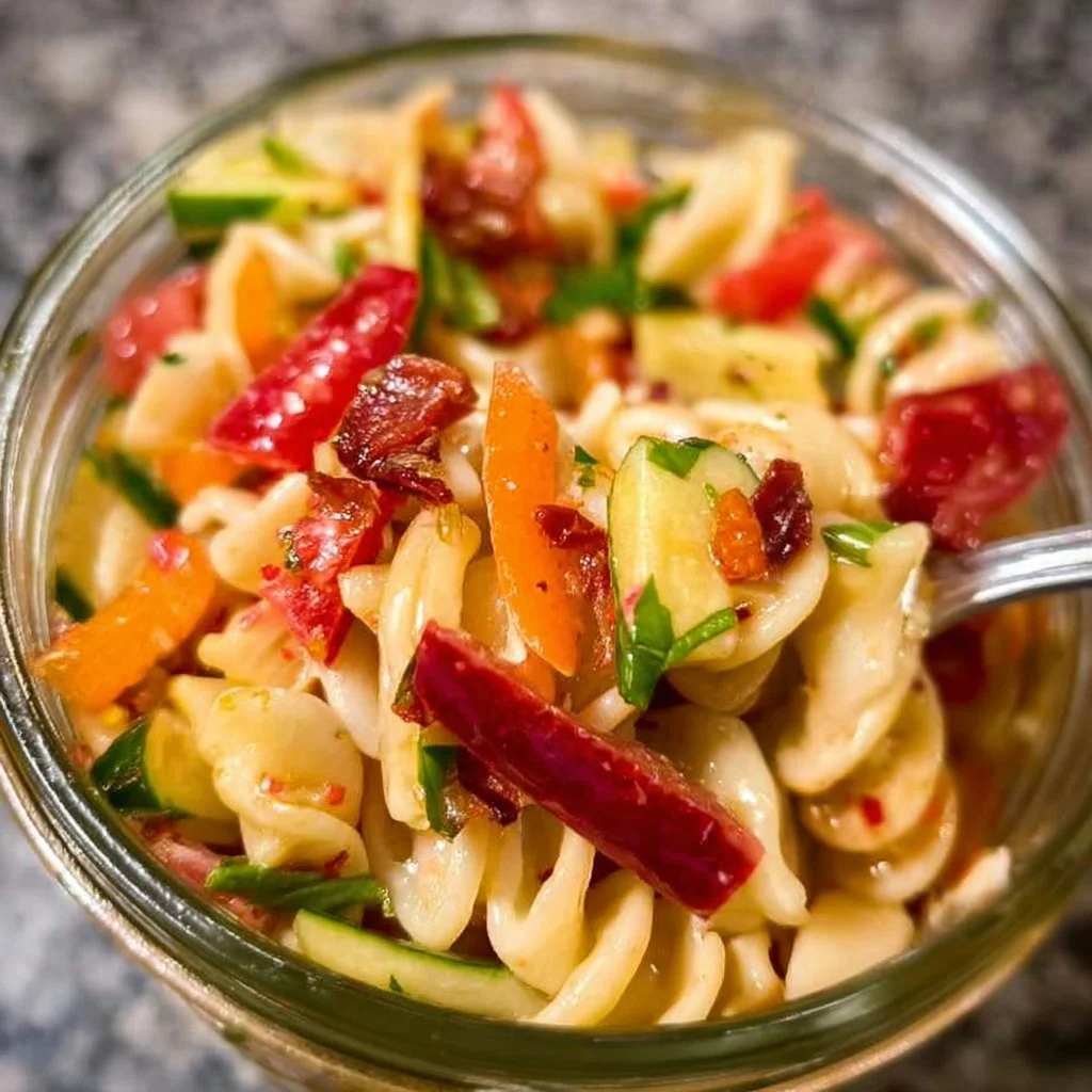 Farmers Market Pasta Salad with fresh vegetables and herbs
