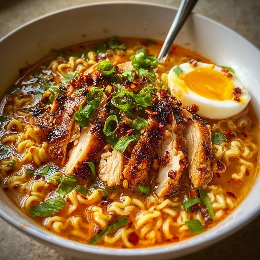Delicious fiery chicken ramen served in a bowl with garlic sauce and toppings.