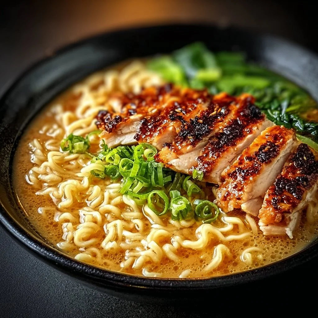 Delicious fiery chicken ramen with creamy garlic sauce in a bowl