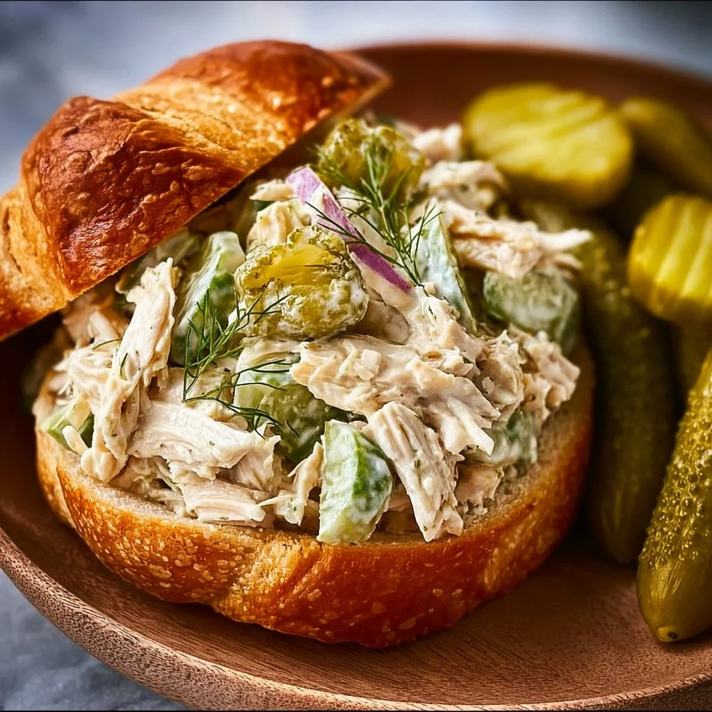 Delicious dill pickle chicken salad served in a bowl with fresh ingredients.