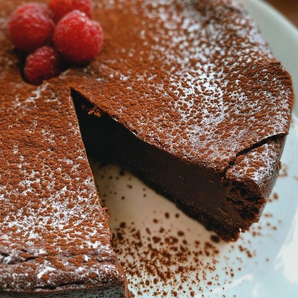 Delicious slice of flourless chocolate cake topped with cocoa powder and berries
