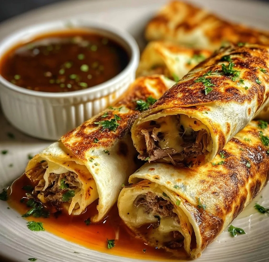 French Dip Tortilla Roll Ups served with dipping sauce on a platter