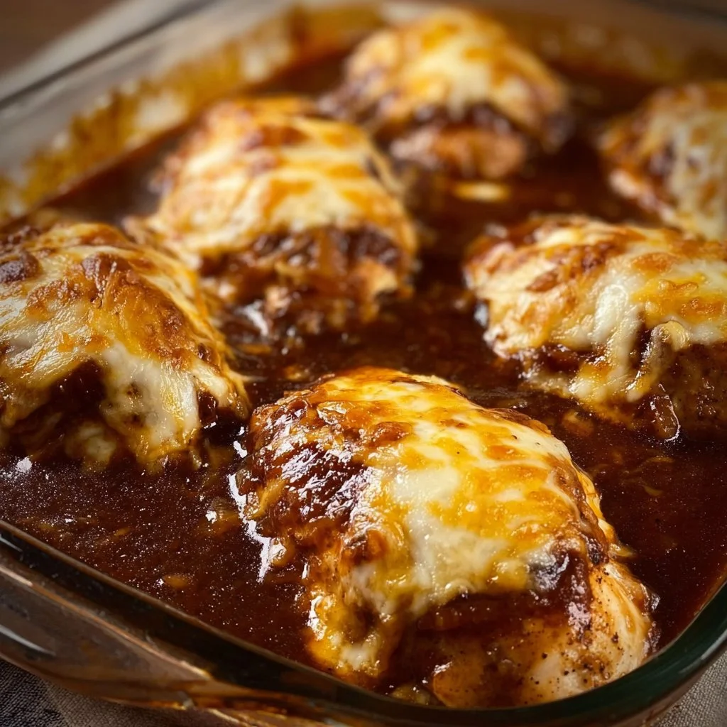 Delicious French onion chicken bake topped with cheese and caramelized onions