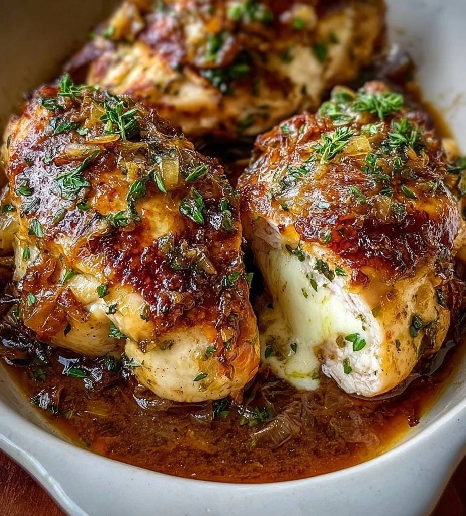 Delicious French Onion Stuffed Chicken bursting with flavor and topped with melted cheese