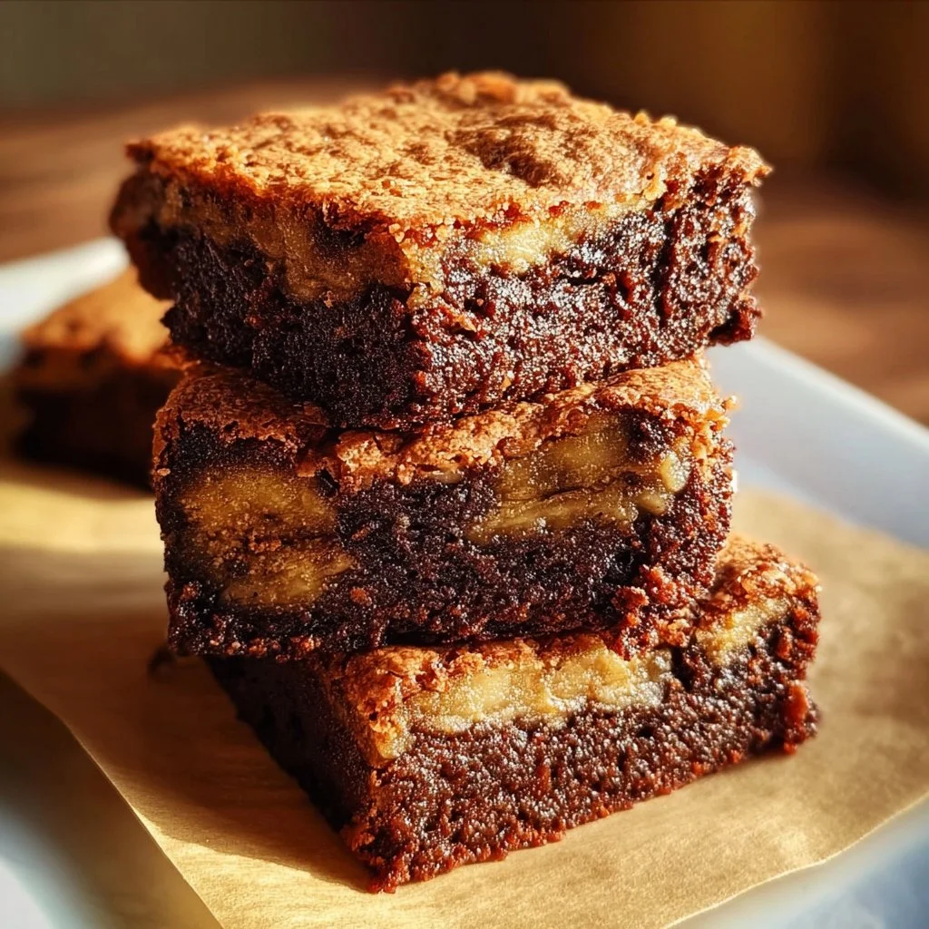 Delicious fudgy banana bread brownies topped with chocolate.