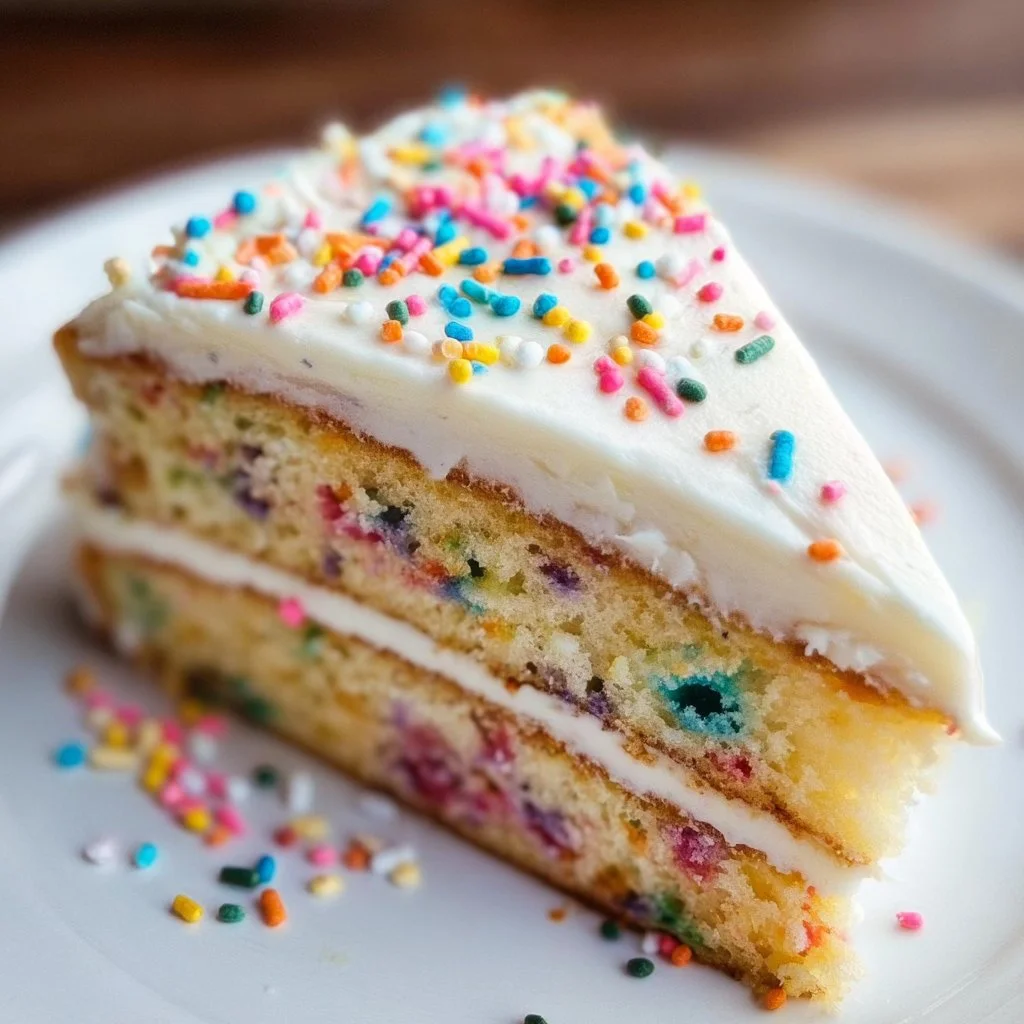 A slice of festive Funfetti Cake topped with colorful sprinkles
