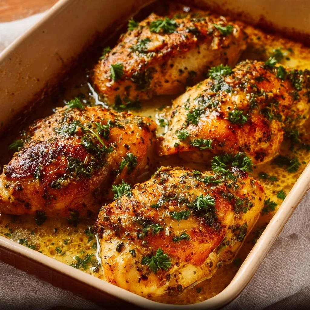 Garlic Butter Baked Chicken Breast served on a plate with herbs