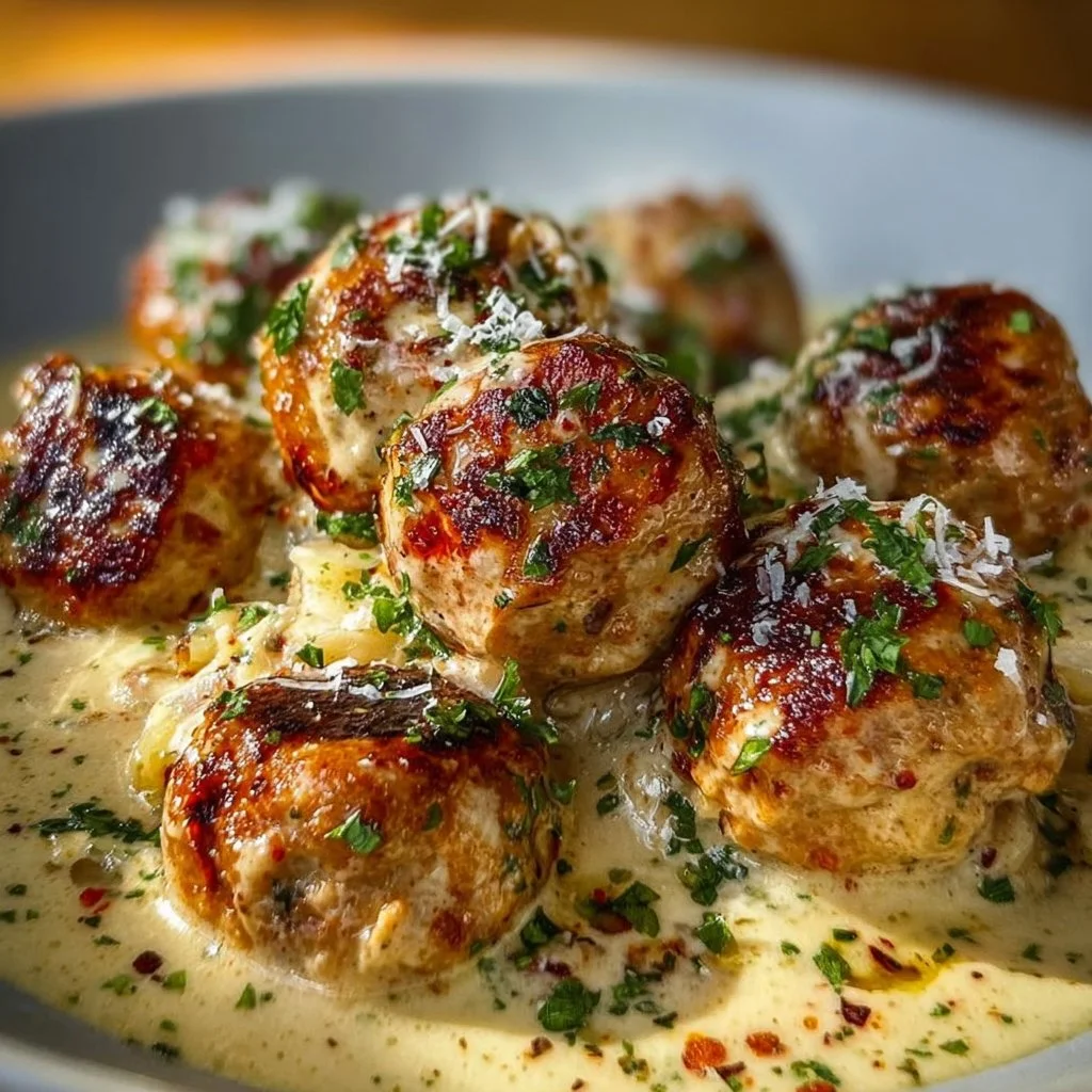 Delicious Garlic Chicken Meatballs with creamy Parmesan sauce served on a plate.