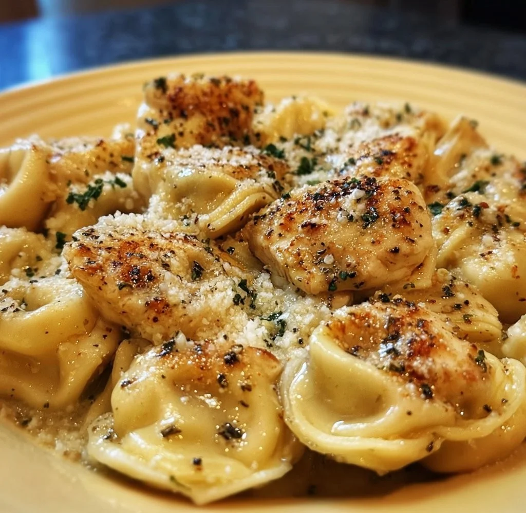 Delicious Garlic Parmesan Chicken Tortellini served with herbs and cheese