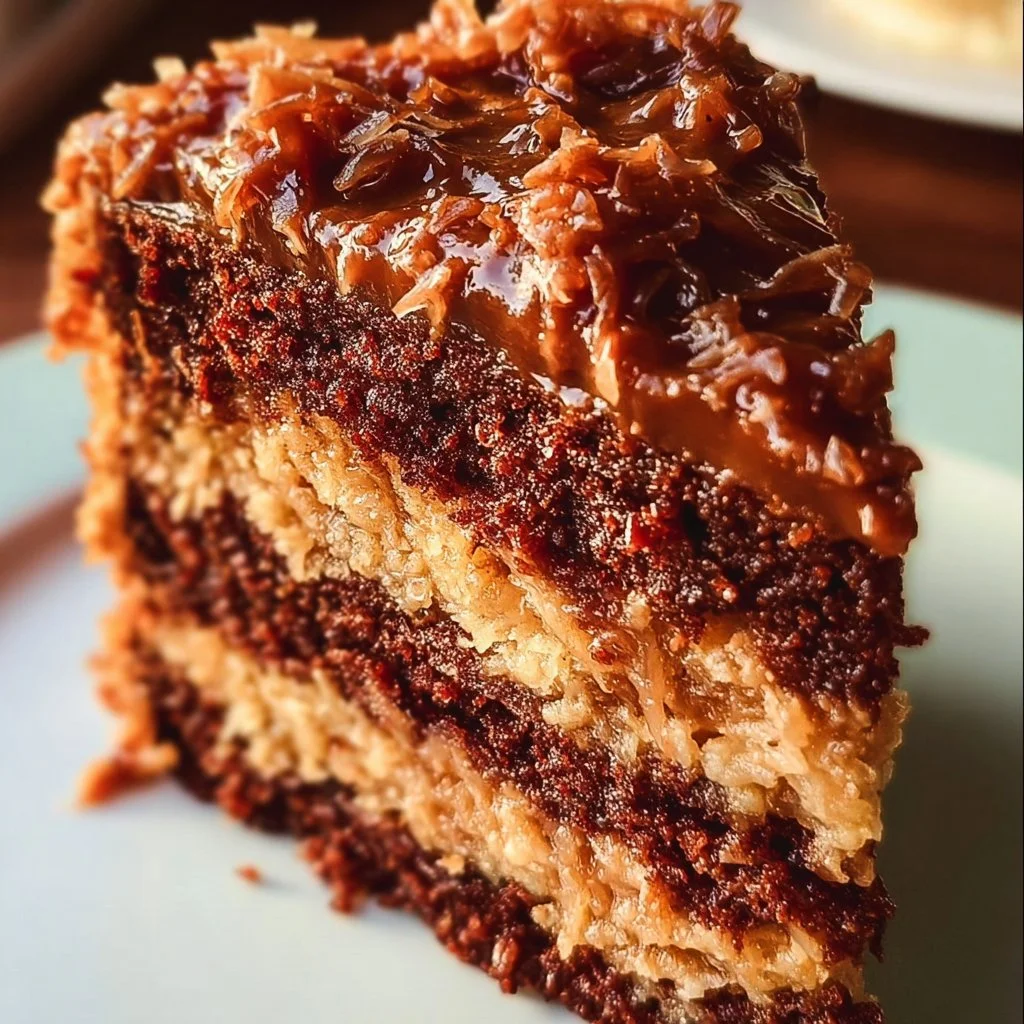 Delicious German Chocolate Cake with chocolate layers and coconut pecan frosting