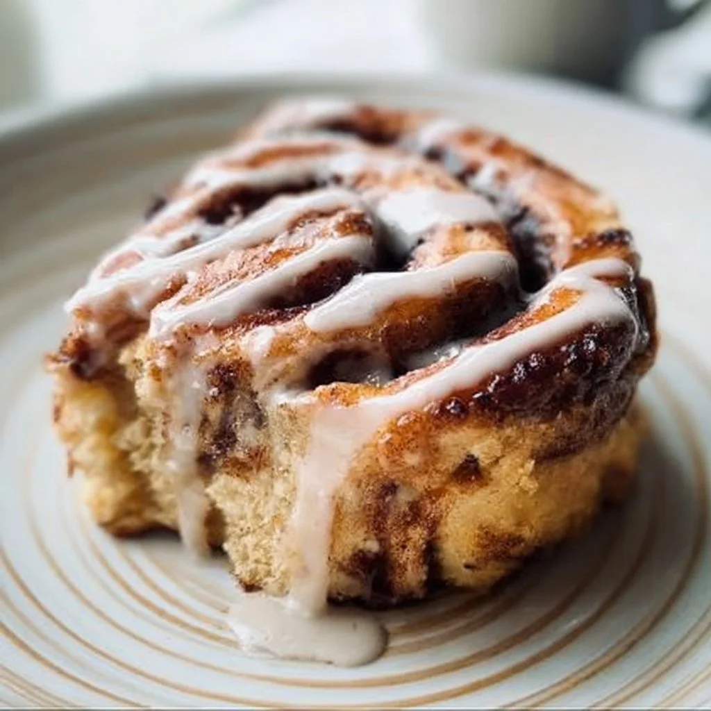 Giant Cinnamon Roll Cake fresh out of the oven, drizzled with icing