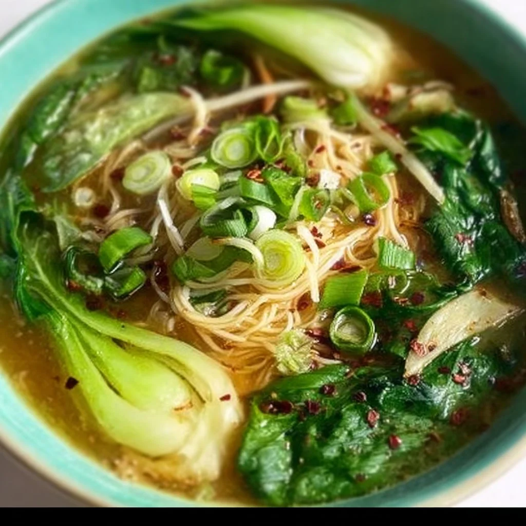 Bowl of Ginger Garlic Noodle Soup with Bok Choy and noodles