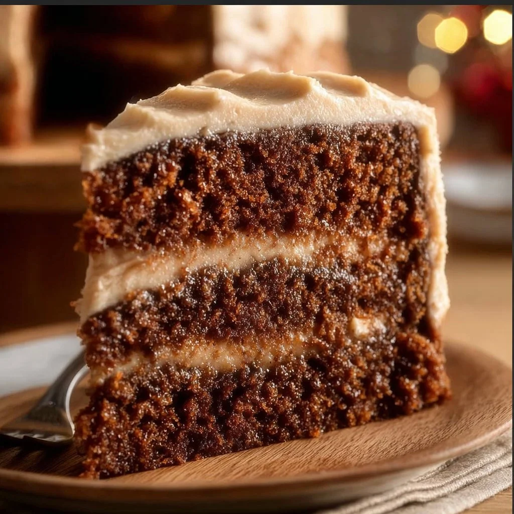 Gingerbread Cake with Cinnamon Molasses Frosting on a rustic wooden table