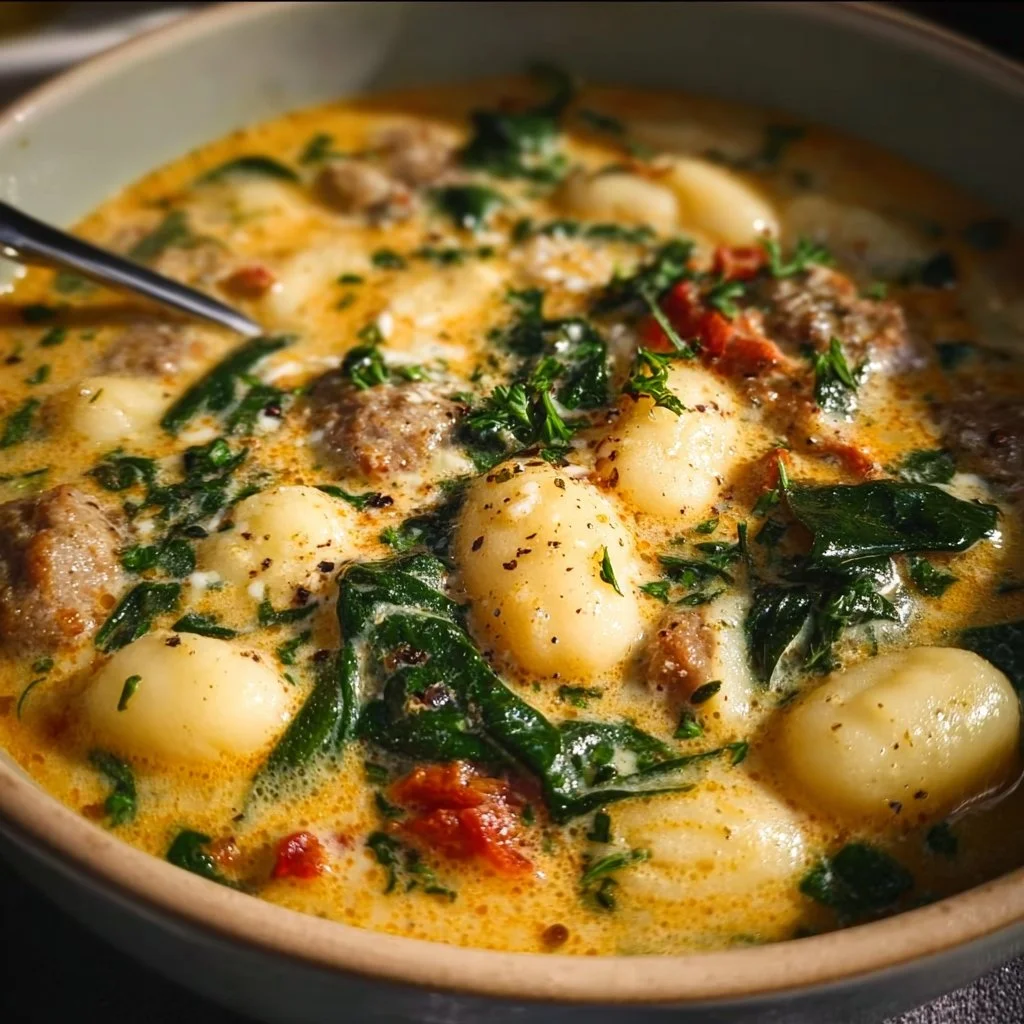Bowl of Gnocchi Tuscan Soup with fresh ingredients and herbs