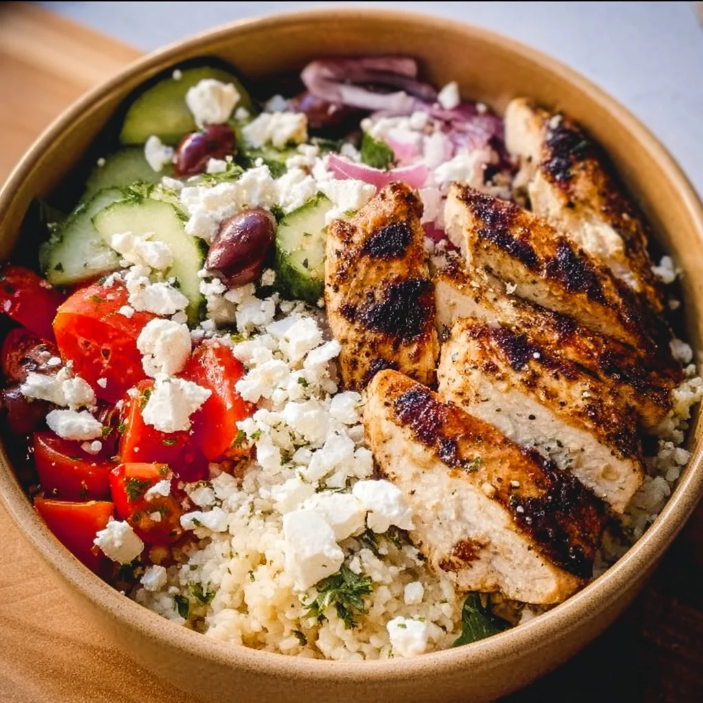 Delicious Greek Chicken Bowl with marinated chicken and fresh vegetables