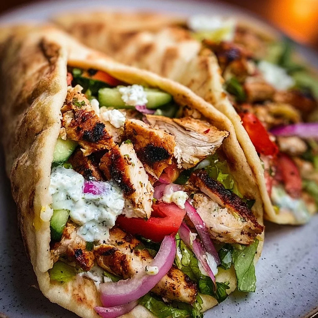Plate of Greek Chicken Gyros with fresh vegetables and tzatziki sauce