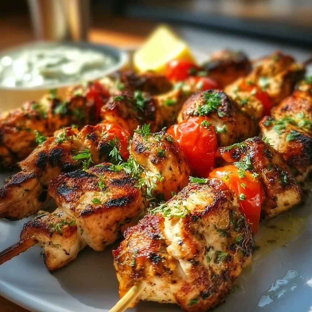 Delicious Greek Chicken Kabobs with colorful vegetables on skewers