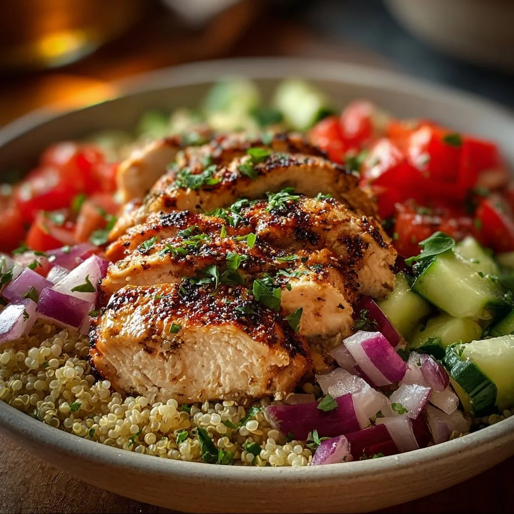 Greek Chicken Quinoa Bowl with fresh veggies and lemon dressing