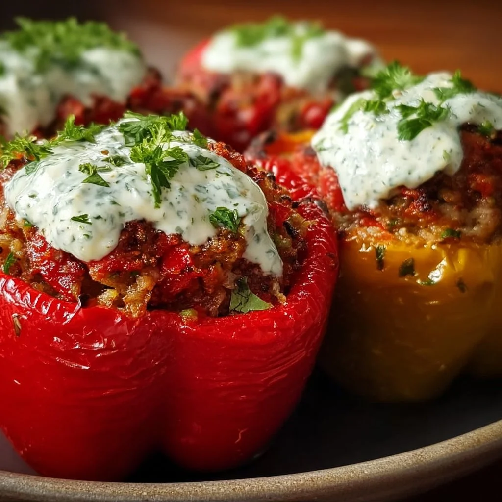 Greek stuffed peppers topped with tzatziki sauce on a white plate