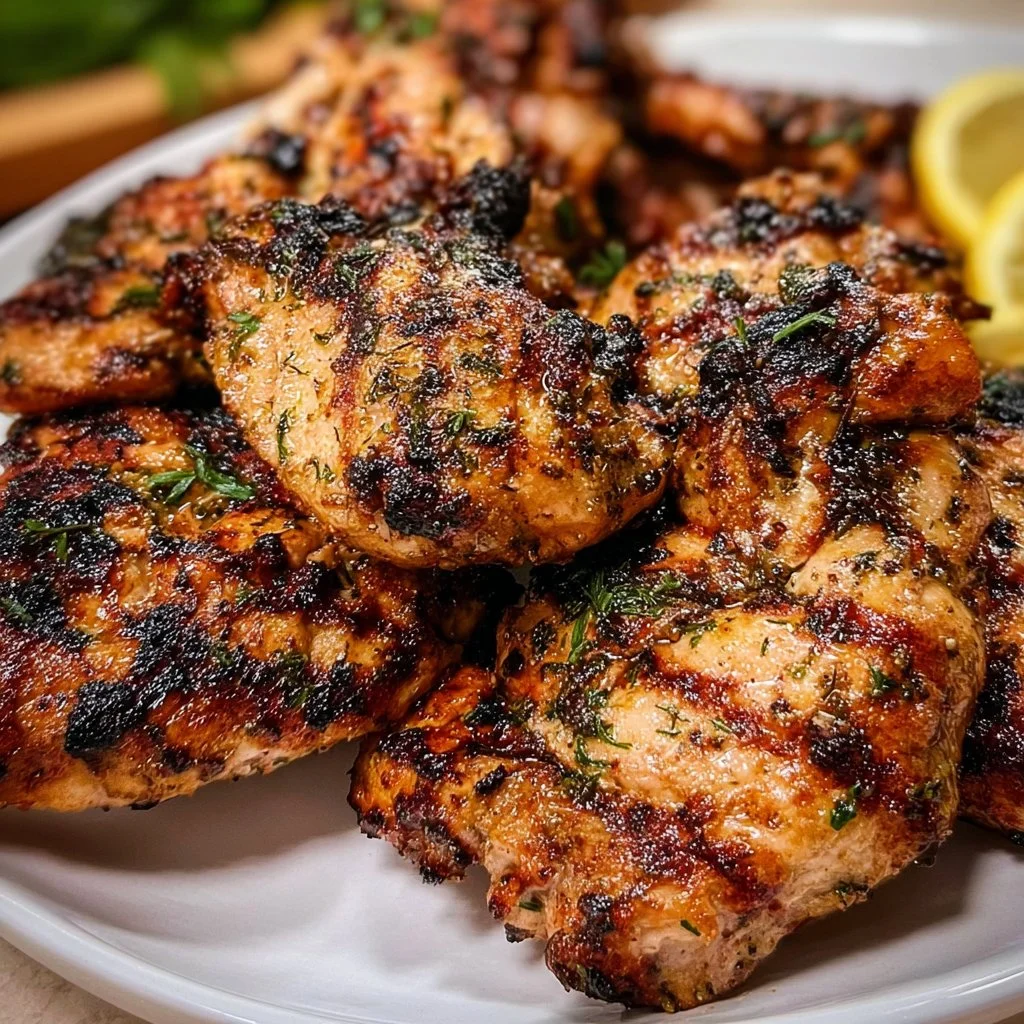 Plate of Greek yogurt marinated chicken garnished with herbs